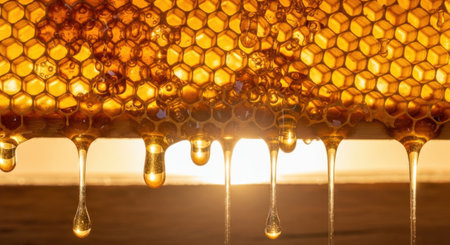 Drop of honey drip from hexagonal honeycombs filled with golden nectar, honeycombs summer composition consisting of drop natural honey,の素材
