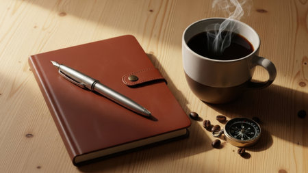 Coffee cup, pen, notebook and coffee beans on wooden tableの素材