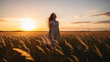 Young beautiful woman in white dress walking in wheat field at sunset.の素材