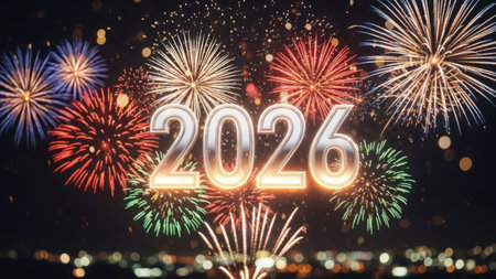 Happy new year 2016 written with Sparkle firework over night cityscape backgroundの素材