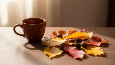Autumn leaves and cup of coffee on wooden table in the morningの素材