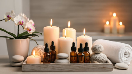 Spa composition with burning candles and orchid flowers on light backgroundの素材