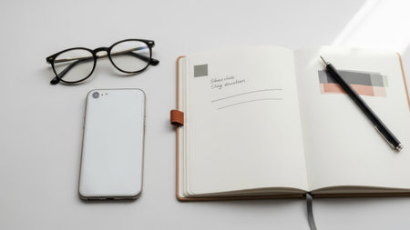 Notebook with pen, smartphone and eyeglasses on white backgroundの素材