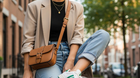 Cropped image of young woman sitting on the street with her handbagの素材