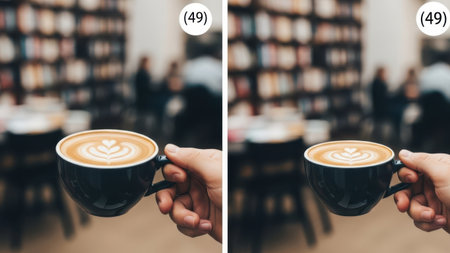 Collage of two cups of cappuccino with latte artの素材