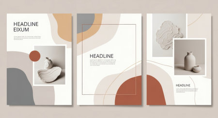 Set of design templates for brochure, flyer, cover magazine or annual report in A4 size. Minimalistic design with abstract shapes. Vector illustration.の素材