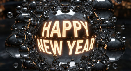 Happy New Year text in shiny sphere. 3D rendering illustration.の素材