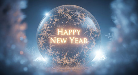 Happy New Year greeting card in crystal ball. 3D rendering.の素材