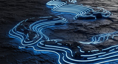 3d rendering of abstract landscape with neon lights on dark background.の素材