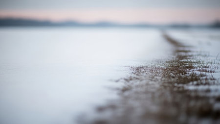 Frozen lake with grass in the foreground, shallow depth of fieldの素材