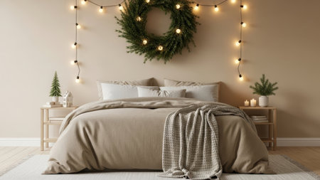 Luxury bedroom with christmas wreath - 3d renderingの素材