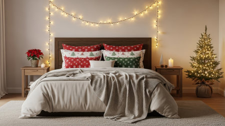 Christmas bedroom interior with christmas tree and lights. 3d renderの素材