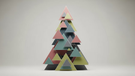 3D rendering of a christmas tree made of colorful triangles.の素材