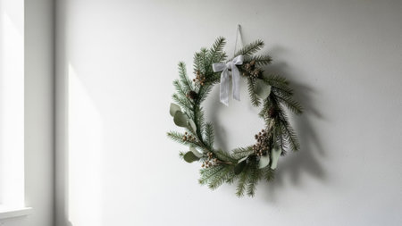 Christmas wreath hanging on a white wall. Christmas and New Year conceptの素材