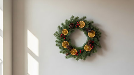Christmas wreath with fir branches and orange slices on a white wallの素材