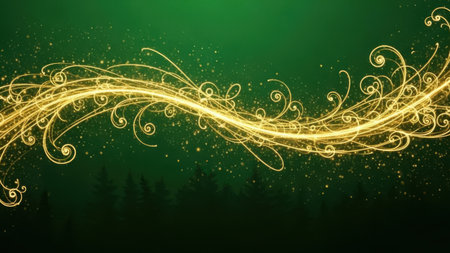 Golden abstract lines and swirls on green background. Vector illustration.の素材