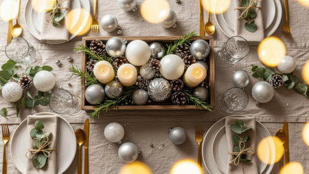 Christmas table setting with silver and white ornaments. Flat lay.の素材