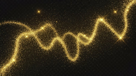 Gold glittering wave with particles on dark background. Vector illustration.の素材