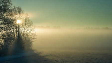 Foggy morning on the river. Winter landscape. Panoramaの素材