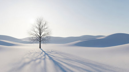 Winter landscape with a lonely tree on a snowy hill. 3d renderの素材