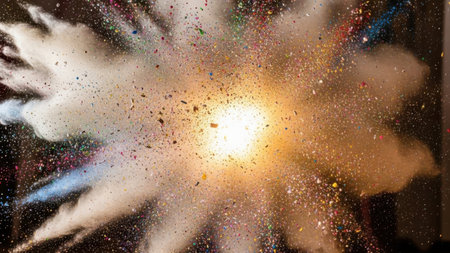 Explosion of colored powder, isolated on black background. Abstract backgroundの素材
