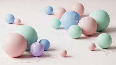 Easter eggs in pastel colors on white background with copy spaceの素材
