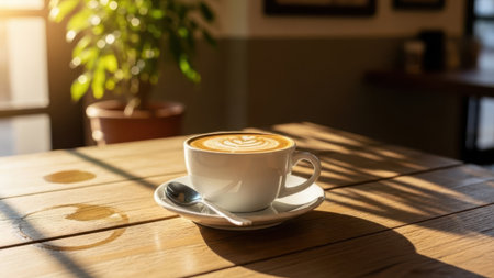 Coffee cup on wooden table in coffee shop, stock photoの素材