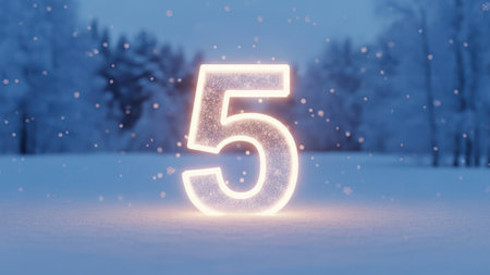 Glowing neon number 5 in winter forest. 3D rendering.の素材