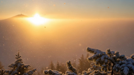Sunrise in the mountains. Winter landscape. Snow covered trees.の素材