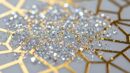Shiny diamonds on a gold background. 3d rendering, 3d illustration.の素材