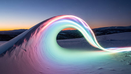 Fantastic winter landscape with snow covered mountains at night. 3d renderingの素材