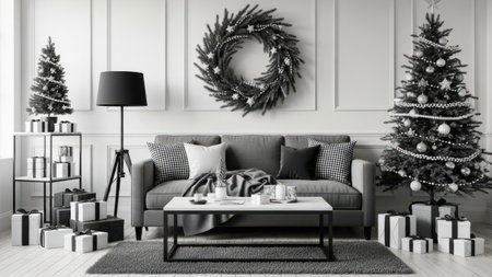 Christmas living room interior with Christmas tree and presents 3d render illustrationの素材