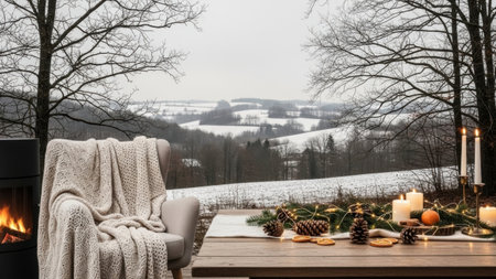 Cozy winter terrace with cozy armchair and Christmas decorations.の素材