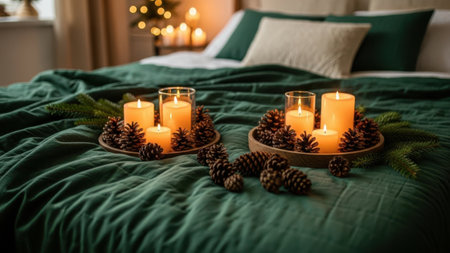 Burning candles on a green bed with fir branches and pine conesの素材