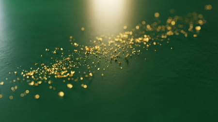 Golden glitter on a green background. 3d rendering, 3d illustration.の素材