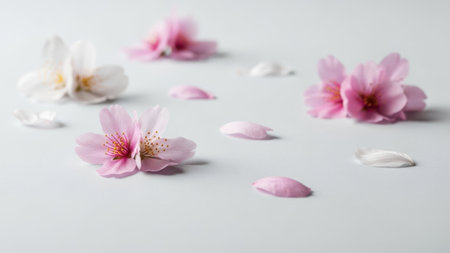 cherry blossom petals on white background, shallow depth of fieldの素材