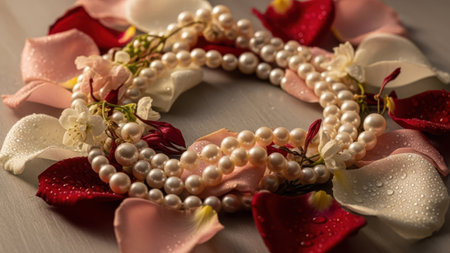 Pearl necklace on a background of rose petals and water dropsの素材