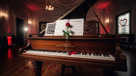 Piano with rose and piano keys in a room with red lightingの素材