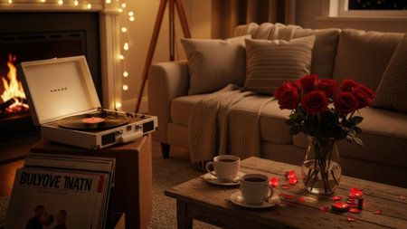 Cozy living room with candles, cup of coffee and book.の素材