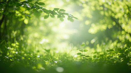 Beautiful green forest background with sunbeams and bokehの素材
