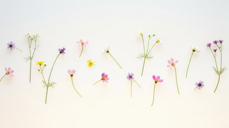Flowers composition. Frame made of cosmos flowers on white background. Flat lay, top view, copy spaceの素材