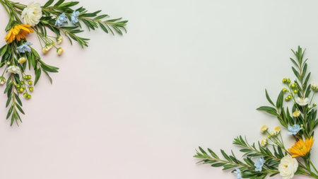 Flowers composition. Frame made of wildflowers on pastel pink background. Flat lay, top view, copy spaceの素材
