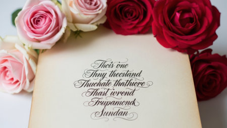 Wedding card with red and pink roses on a white backgroundの素材