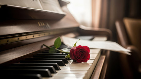 Red rose on piano keys with music sheet, shallow depth of fieldの素材