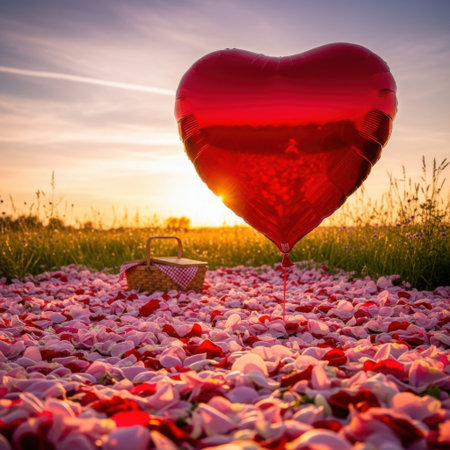 Red heart shaped balloon and basket with rose petals on a meadowの素材
