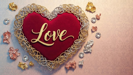 Love lettering on red velvet heart with golden chains on vintage backgroundの素材