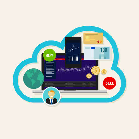online stocks forex index trading cloud laptop mobile buy sellのイラスト素材