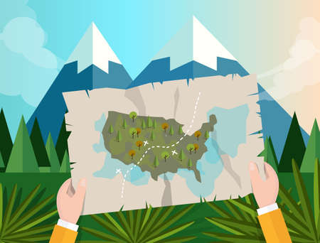 hand holding map america tracking hunting in forest mountain tree vector graphic illustration cartoon jungle mountain blue skyのイラスト素材