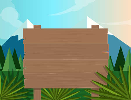 jungle board sign wooden forest jungle background illustration vector tree mountain cartoon nature mountain skyのイラスト素材