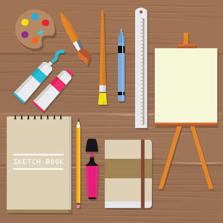 painting icon vector object palette paint tools equipment art brush canvas sketch book oil tube ruler pencil vectorのイラスト素材